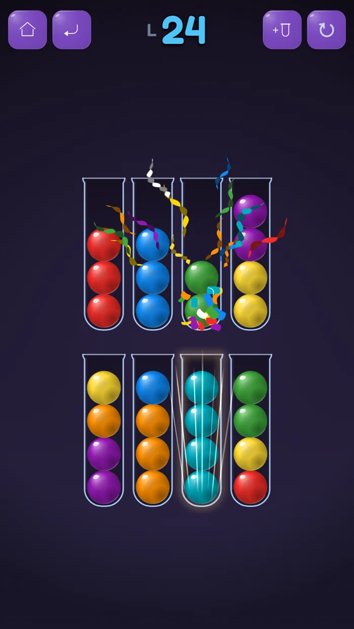 A completed cyan tube glowing as colourful curled confetti flies across a real Sorted puzzle